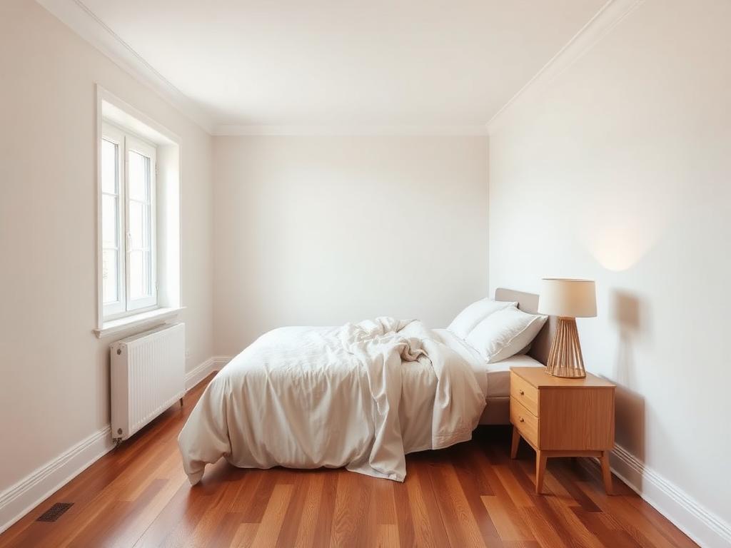 Chambre d’appartement rénovée avec murs peints en tons neutres et parquet en bois