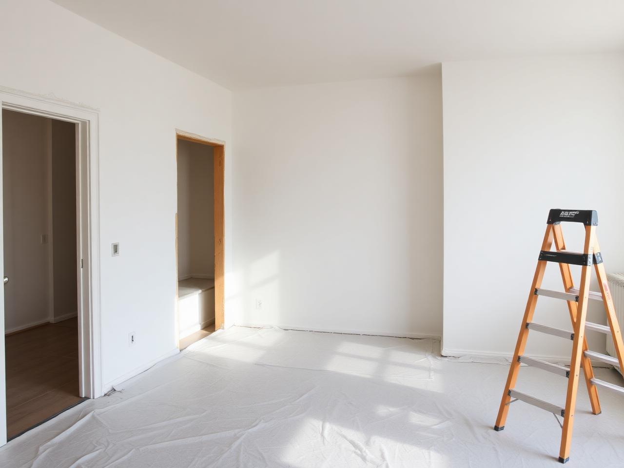 Pièce d’appartement en cours de rénovation, sol protégé et murs préparés avant peinture