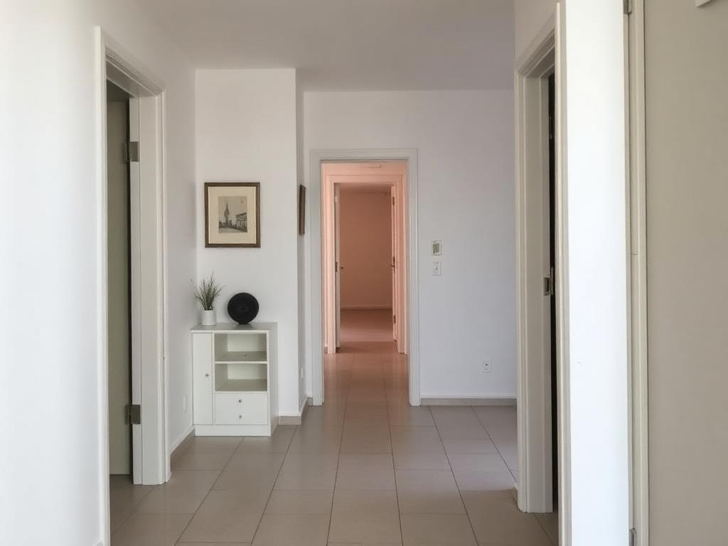 Entrée et couloir rénovés avec murs peints en blanc et sol carrelé