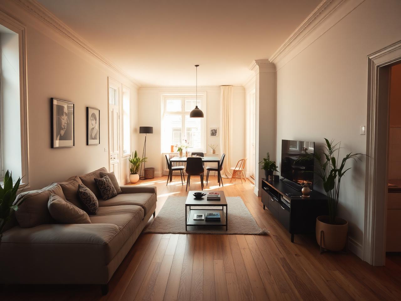 Séjour d’un appartement bruxellois rénové avec parquet, moulures et lumière chaude