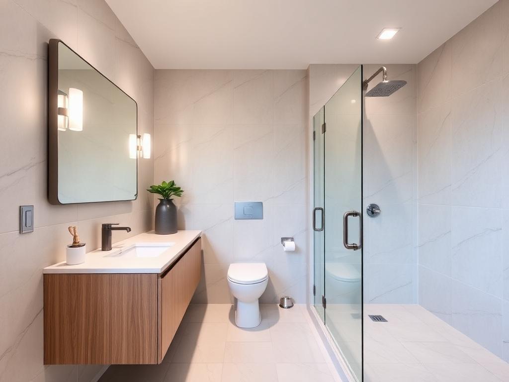 Salle de bain rénovée avec carrelage grand format, meuble vasque suspendu et douche vitrée