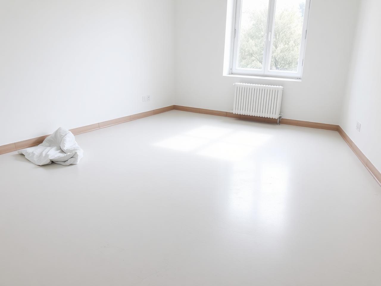 Pièce fraîchement rénovée aux murs blancs, sol clair et protection de chantier repliée dans un coin