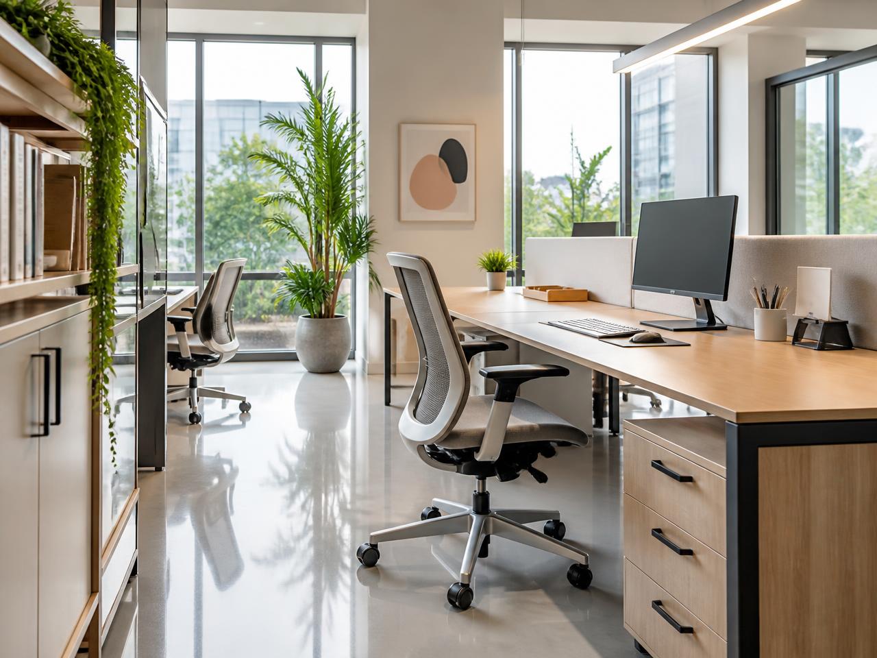 Bureaux lumineux avec postes de travail rangés et sol propre reflétant la lumière du jour