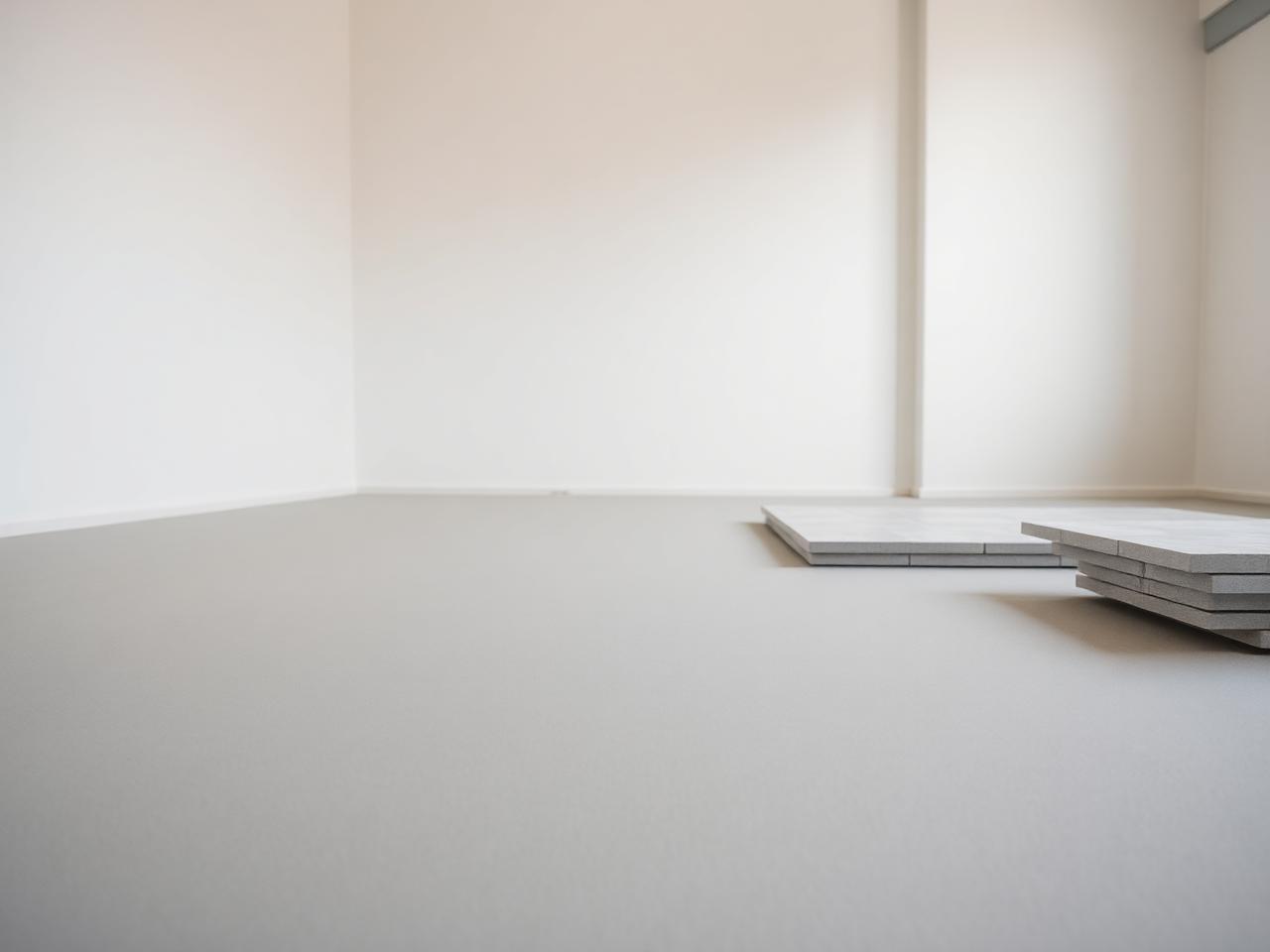 Sol intérieur préparé et nivelé avant pose de carrelage, avec carreaux grand format posés à côté
