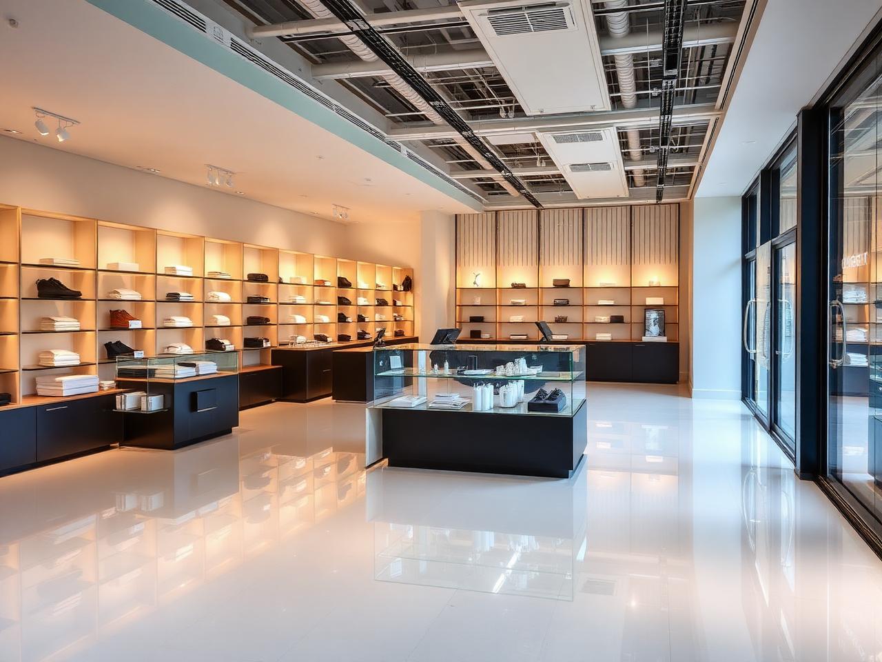 Showroom commercial lumineux avec sol brillant, présentoirs alignés et grande façade vitrée