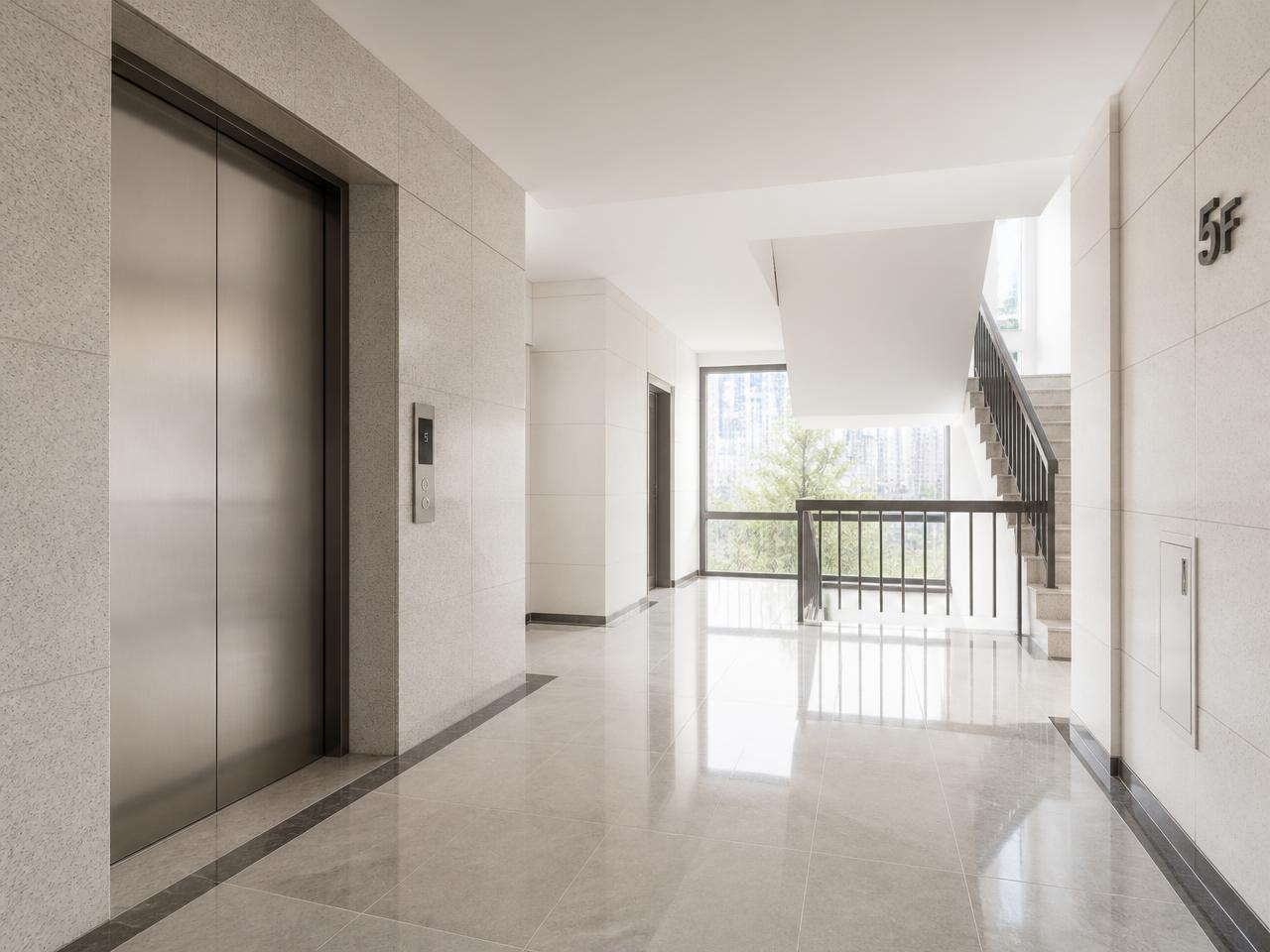Palier d’immeuble résidentiel avec ascenseur, sol clair entretenu et escalier menant aux étages