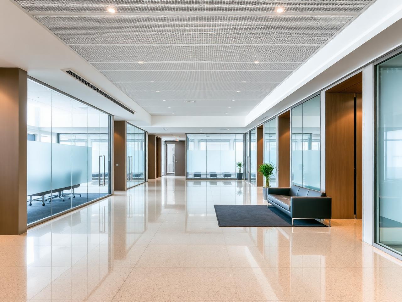 Couloir d’accueil d’un immeuble de bureaux avec sol poli et cloisons vitrées, parfaitement entretenu