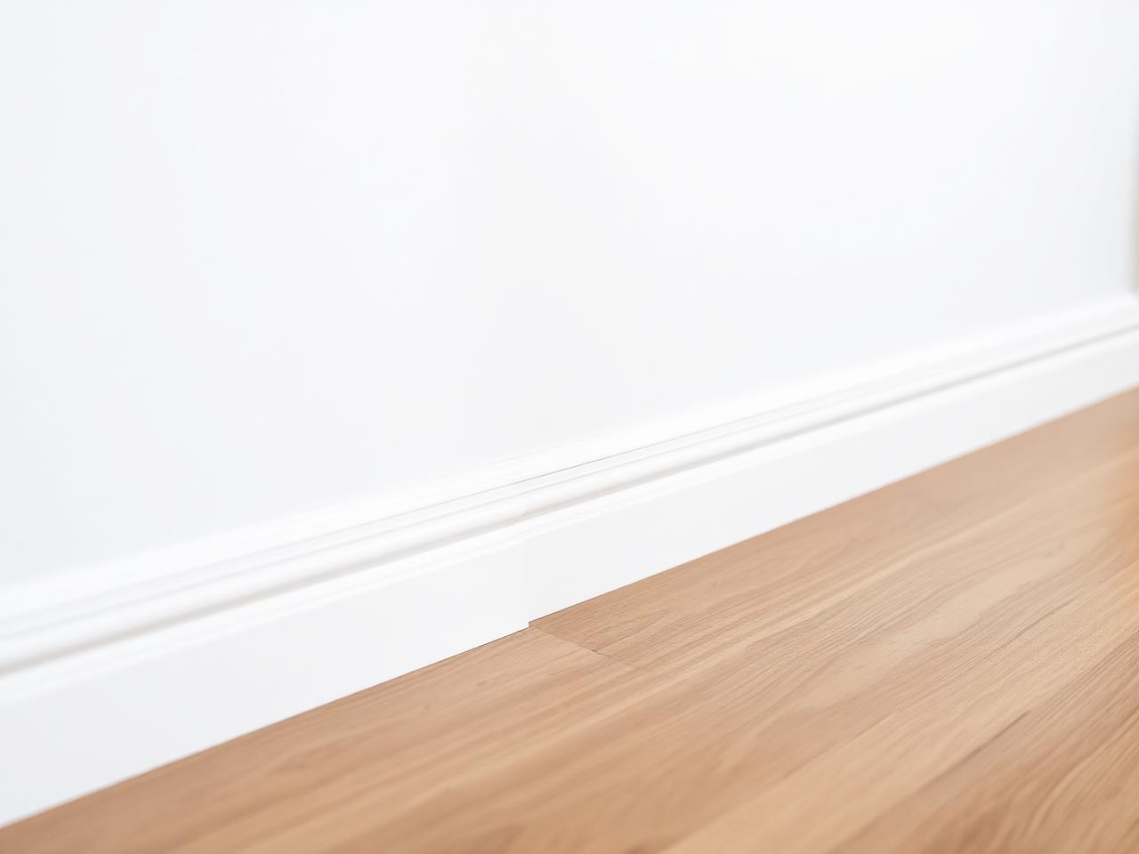 Détail de finition intérieure : mur peint, plinthe et sol neuf après rénovation