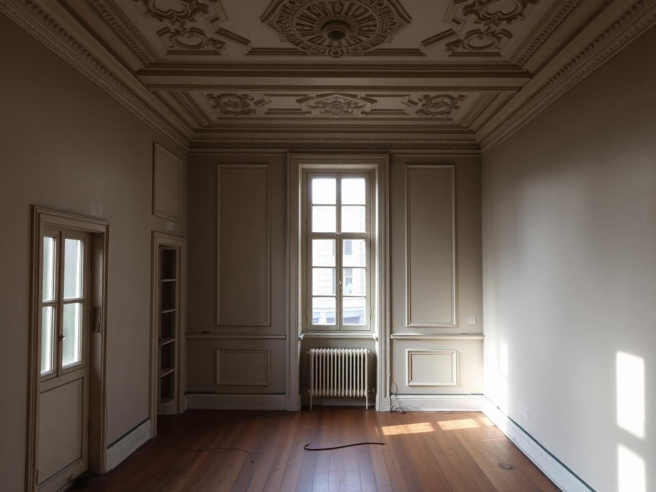 Intérieur d’une maison bruxelloise ancienne aux moulures d’origine, avant travaux de rénovation