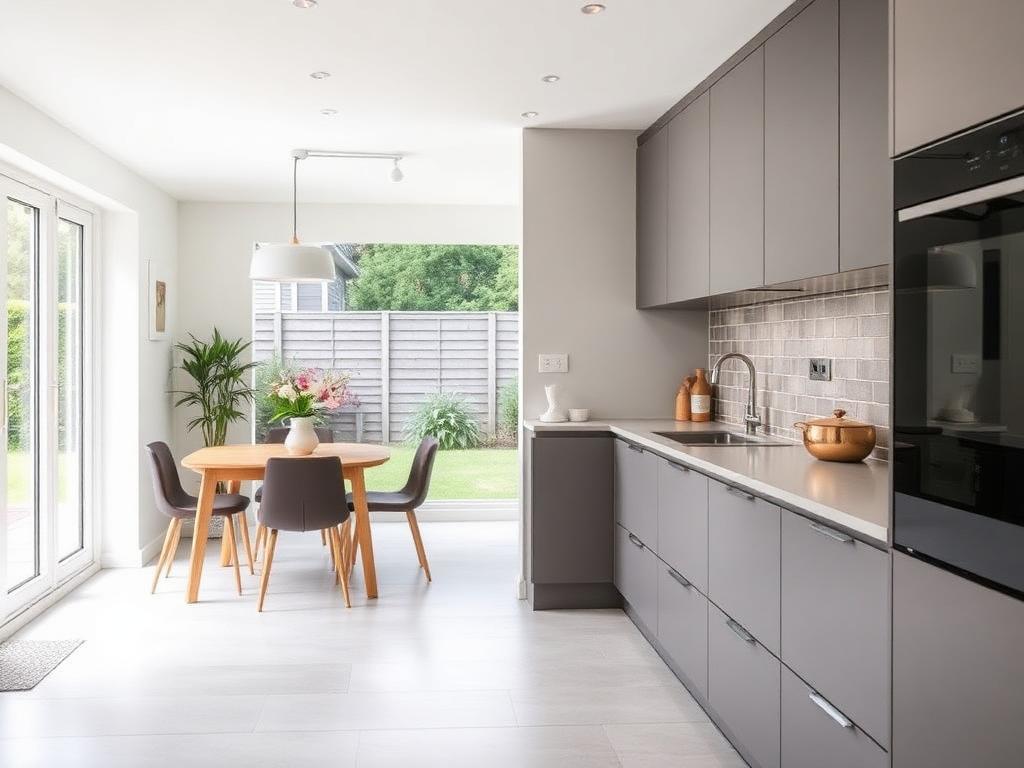Cuisine de maison rénovée avec façades mates, crédence carrelée et coin repas donnant sur le jardin