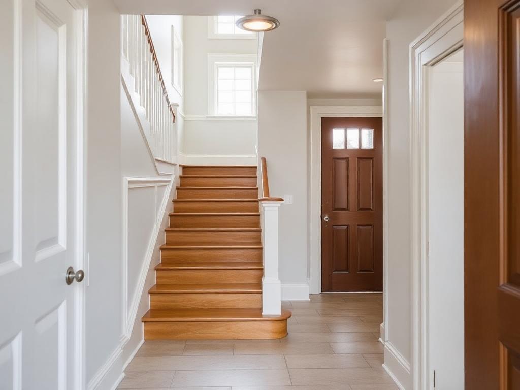 Escalier en bois d’une maison rénovée avec rampe peinte et hall carrelé