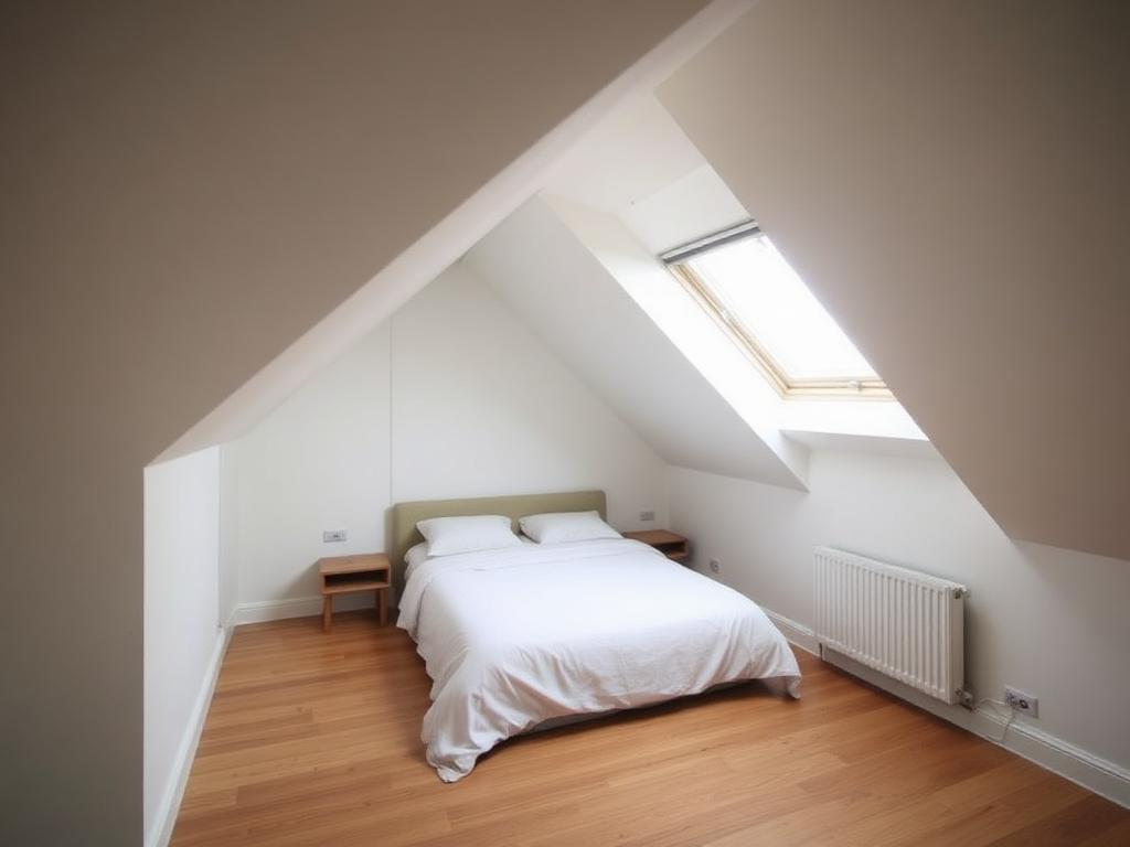 Chambre sous combles rénovée avec plafond mansardé, parquet clair et fenêtre de toit