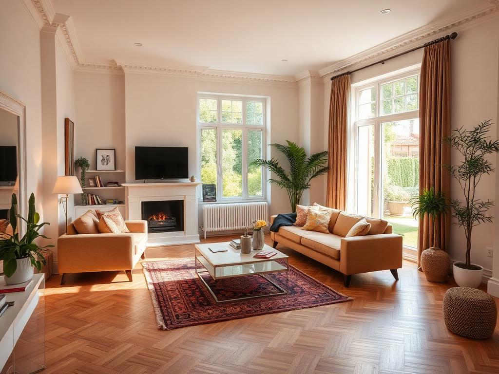 Salon de maison rénové avec parquet à chevrons, cheminée et grande baie vers le jardin