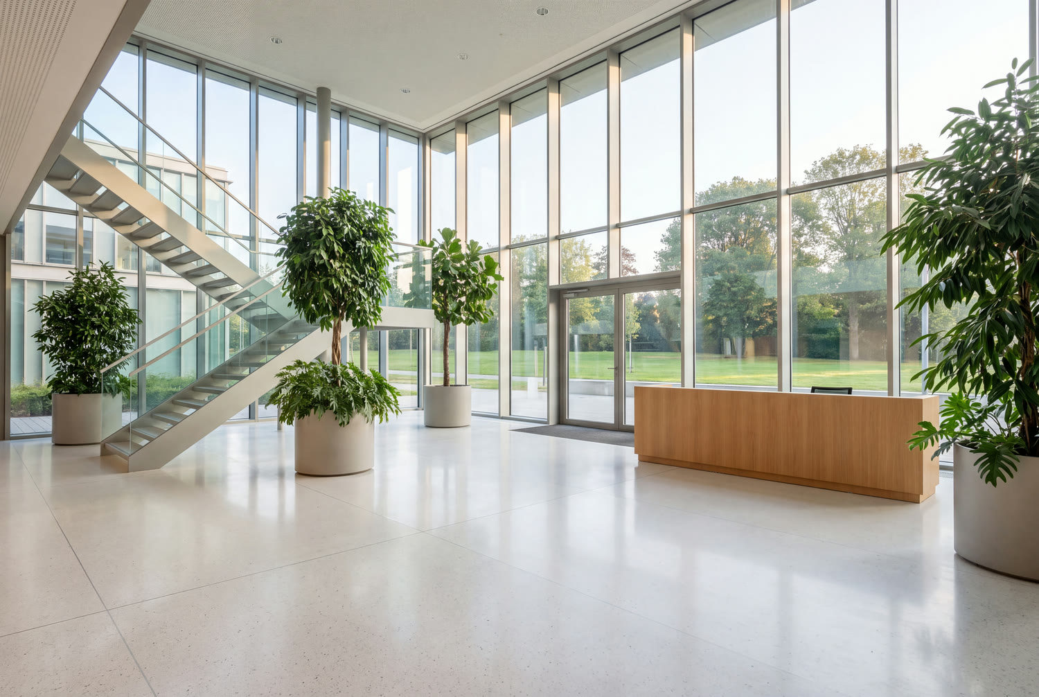 Atrium vitré d'un immeuble de bureaux de Woluwe, sol clair sans traces et plantes vertes