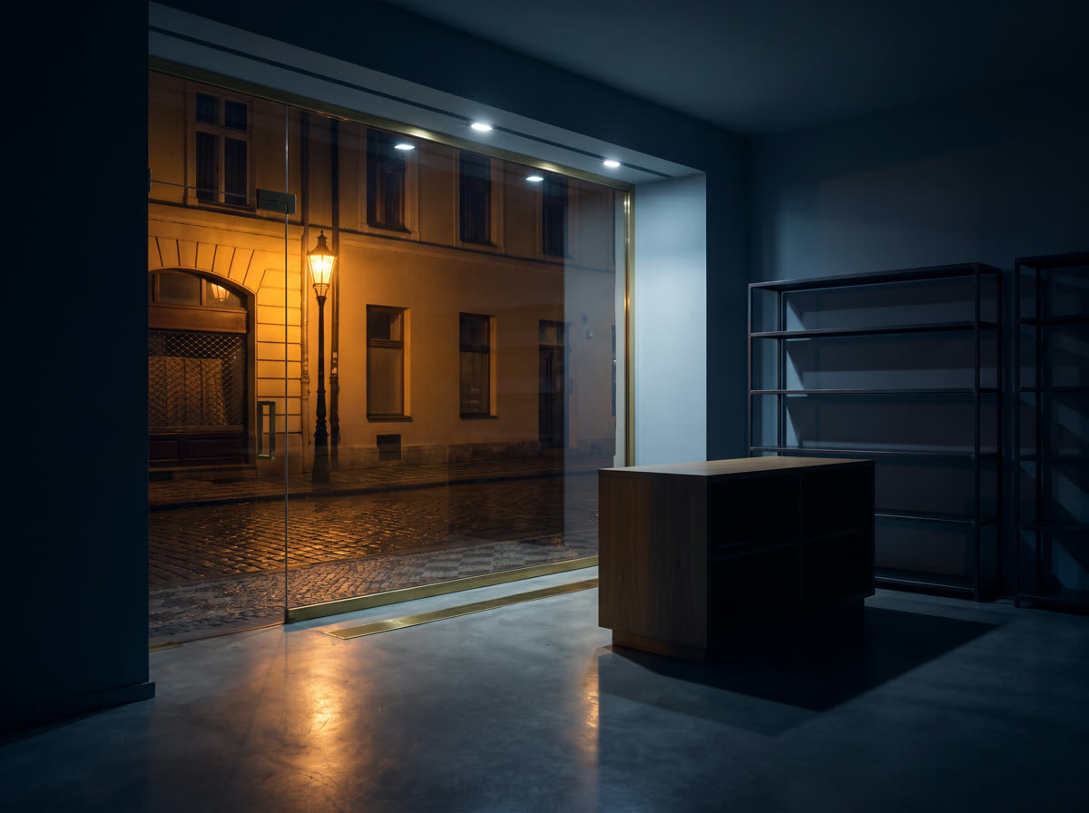 Vitrine de commerce impeccable la nuit, rue pavée éclairée