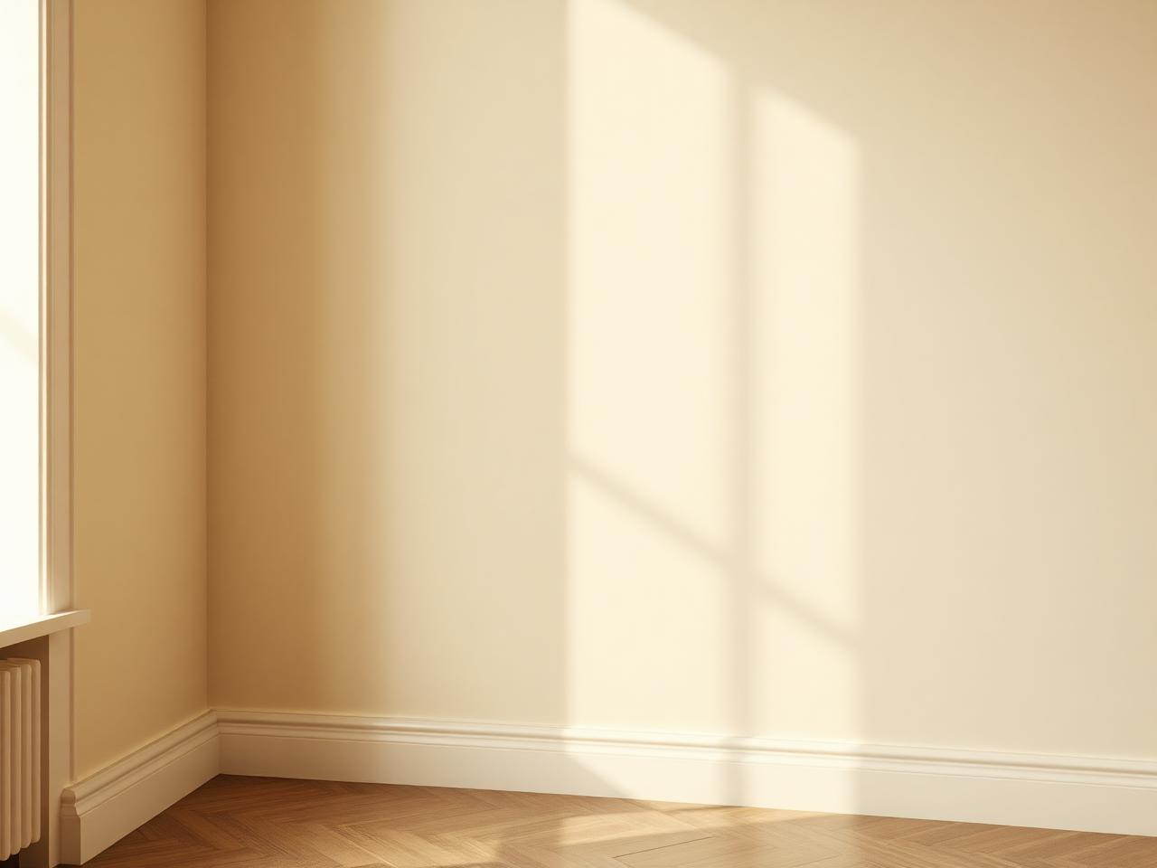 Mur intérieur fraîchement peint en teinte neutre chaude avec lumière naturelle rasante