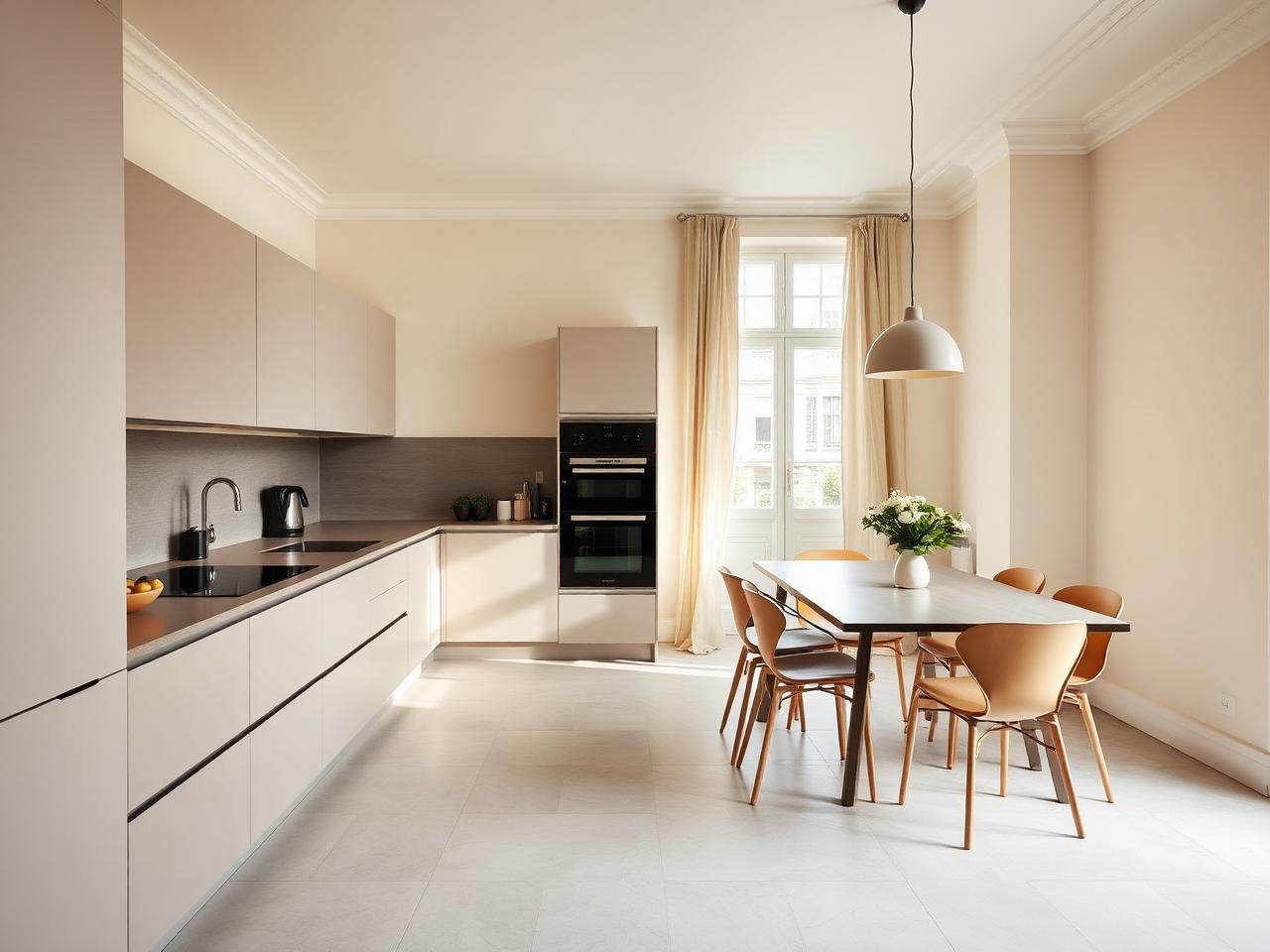 Cuisine et coin repas rénovés dans un appartement bruxellois, carrelage grand format et lumière naturelle
