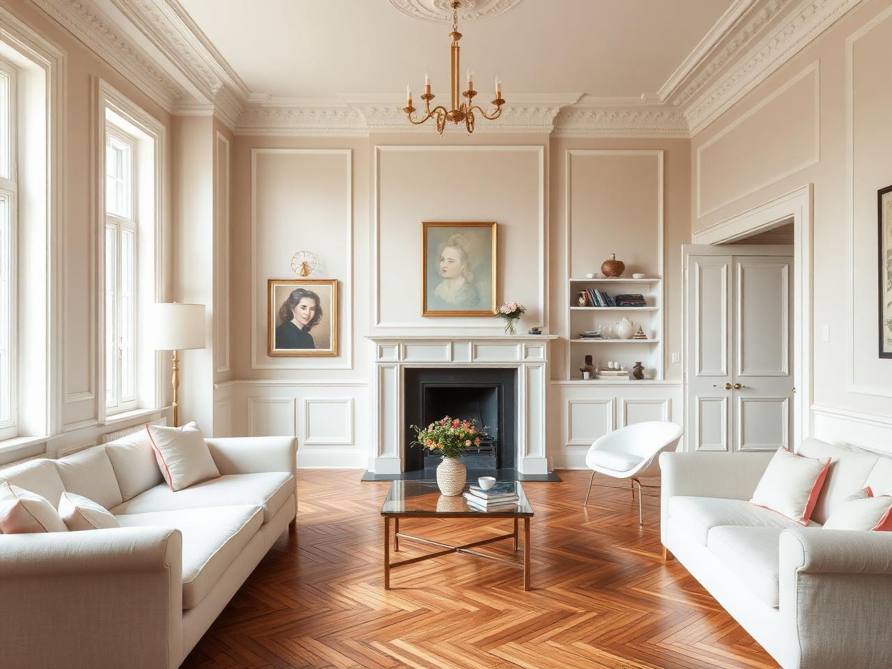 Séjour rénové dans une maison bruxelloise : parquet en chevrons restauré, moulures et murs clairs