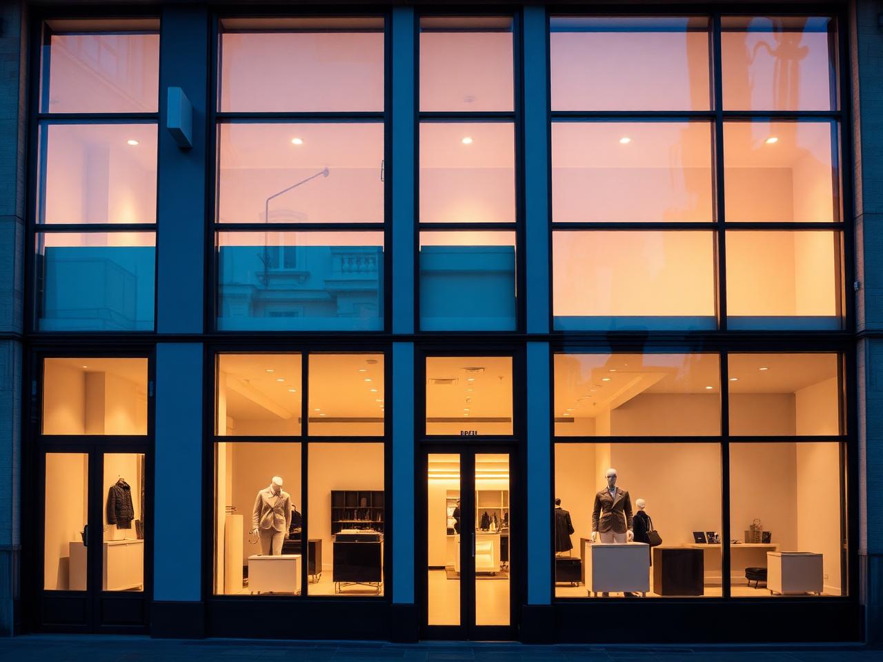 Façade vitrée d’un commerce éclairé en soirée avec grandes vitrines donnant sur la rue